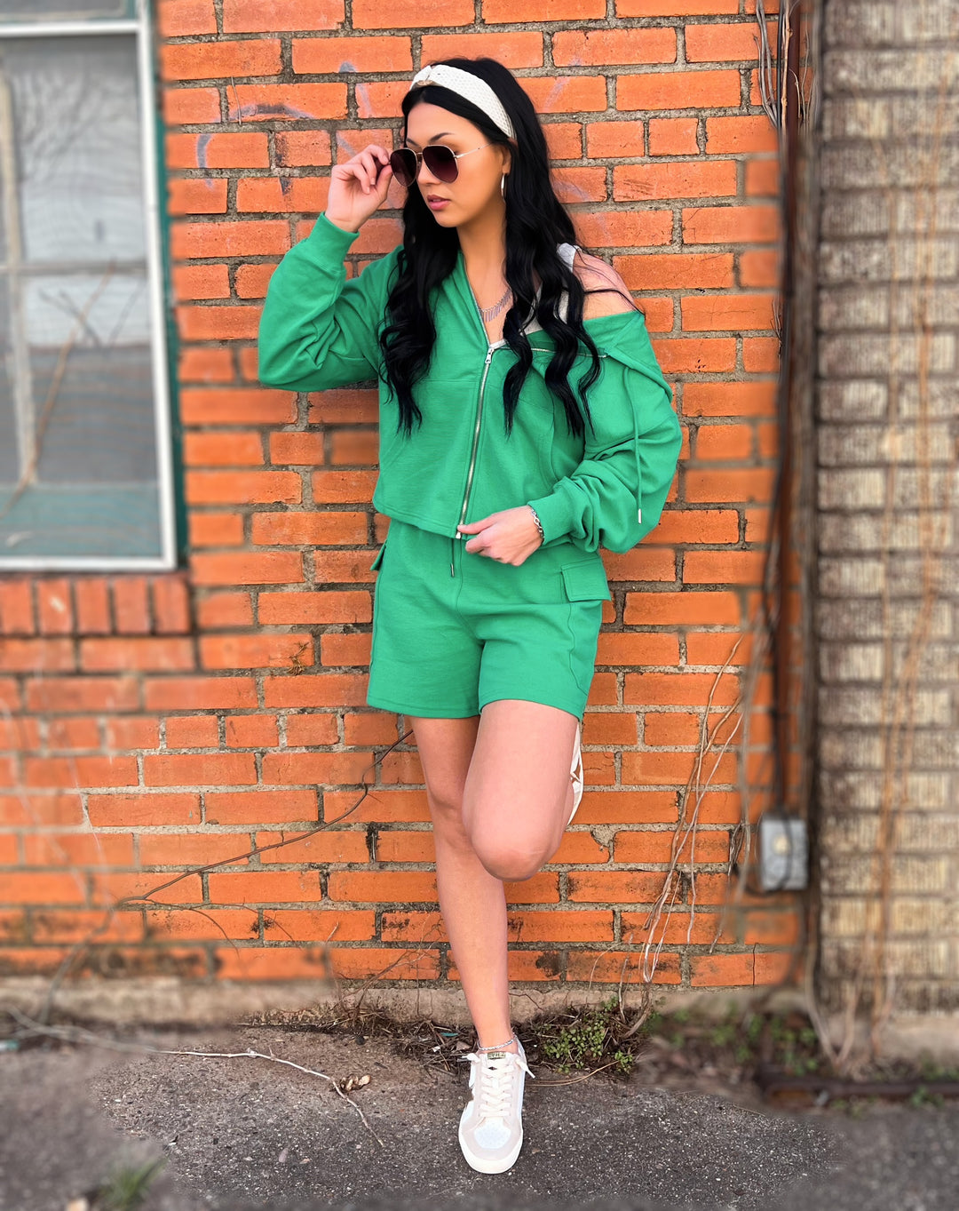 Relaxed Fit Waffle Hoodie Top Kelly Green