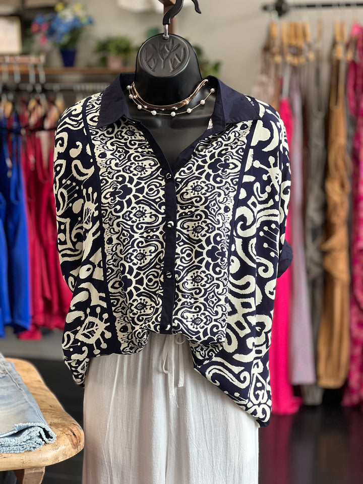 Navy Mix Print Top