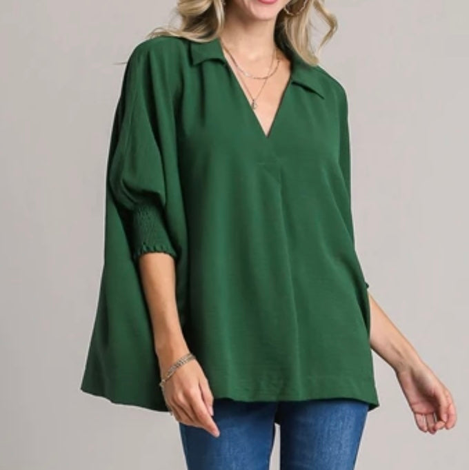 Umgee Crinkle Collared Top in Forest Green