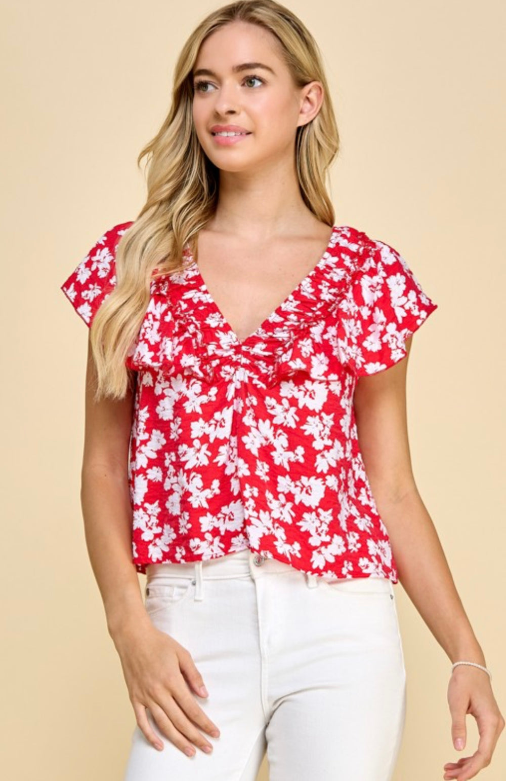 Floral Flutter sleeve top Red/White