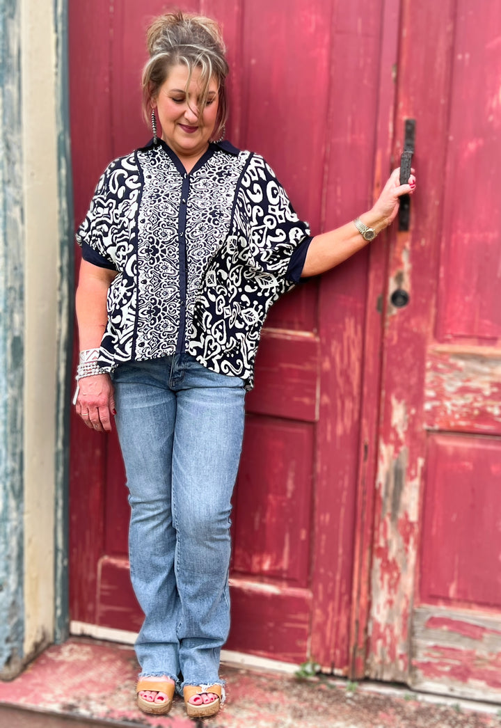Navy Mix Print Top