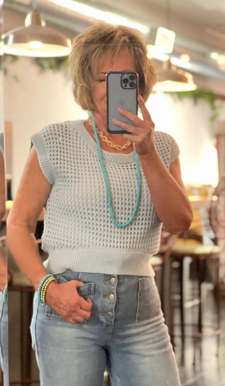 Open Weave Knit Vest Top Light Blue