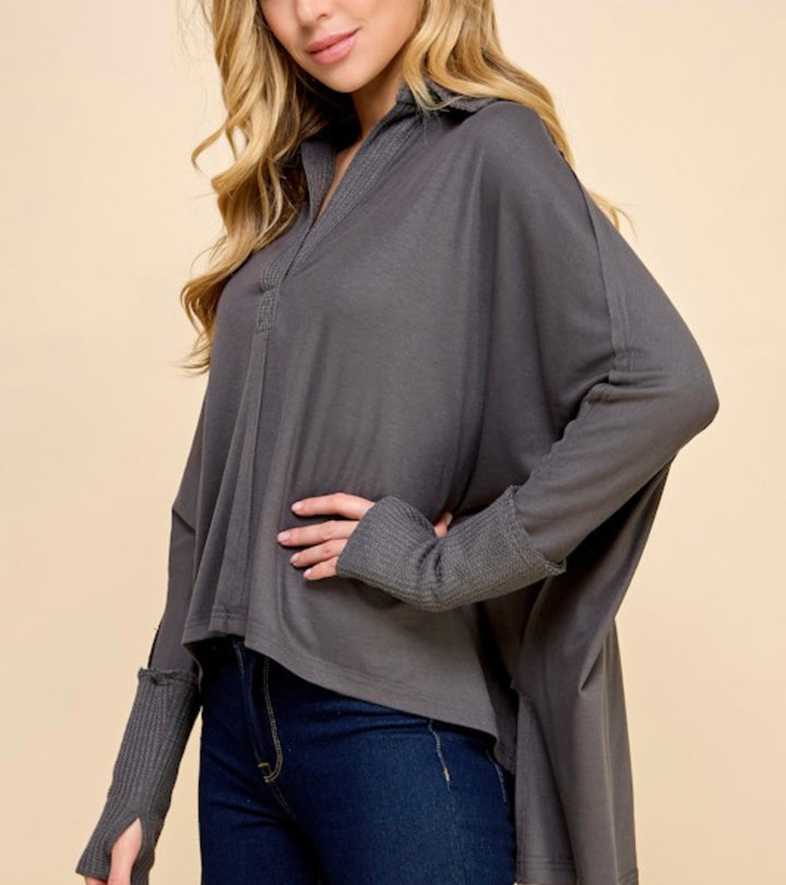Soft Mixed Texture collared Knit Top in Charcoal