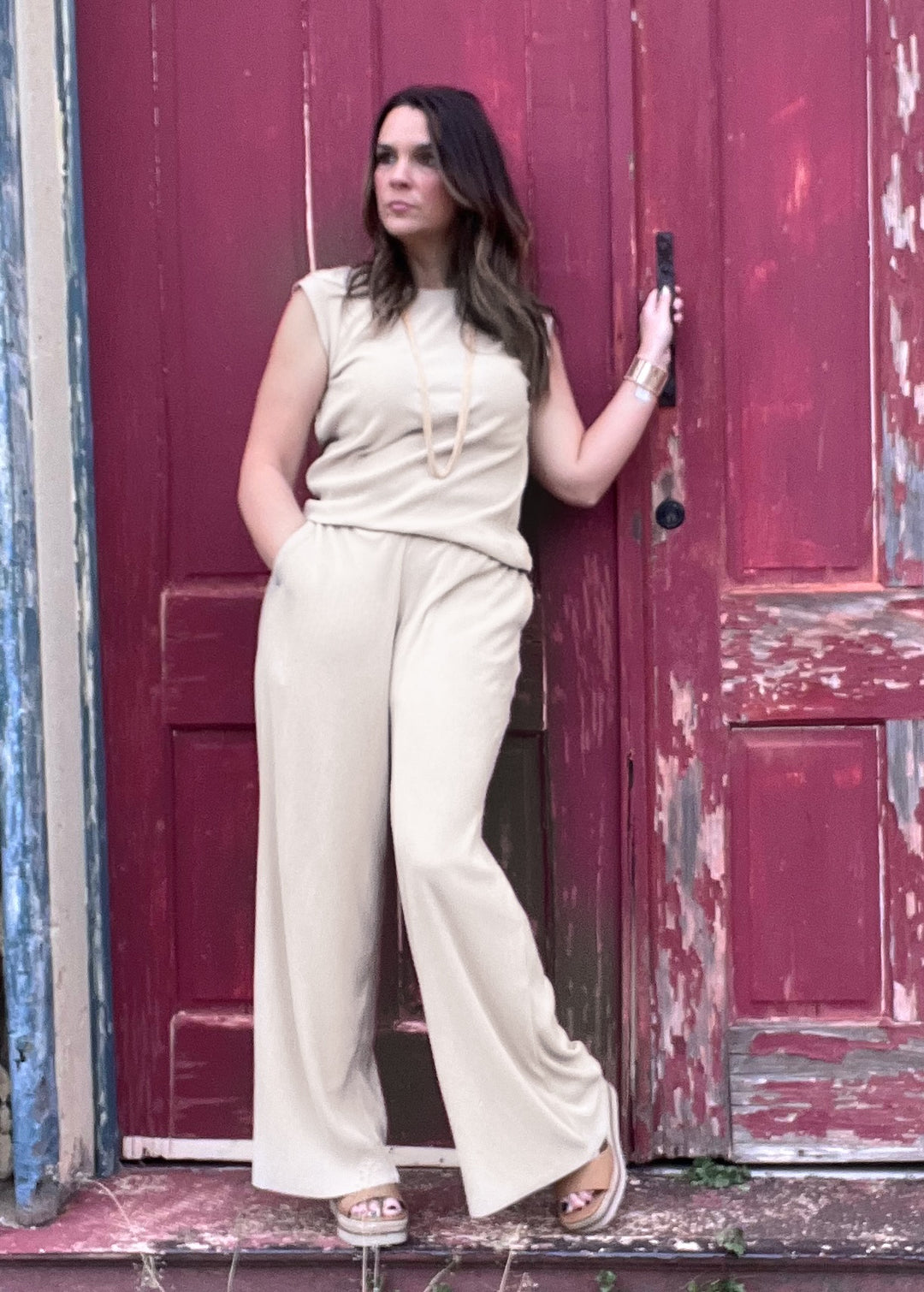 Micro Pleated Wide Leg Pants Natural