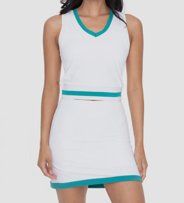 V-Neck Activewear Top w/Built in Bra White/Teal
