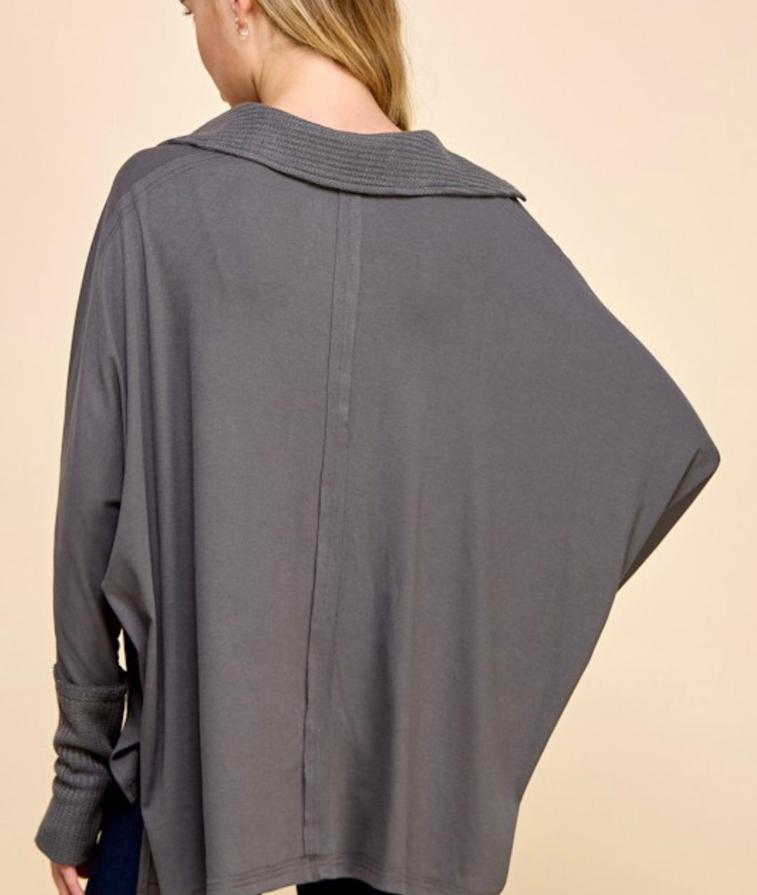 Soft Mixed Texture collared Knit Top in Charcoal