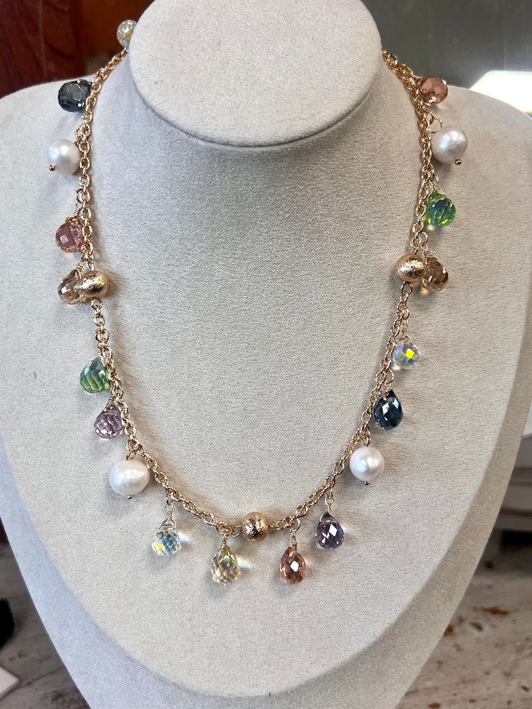 Charmed Gold Necklace w/Pearls and multicolor Beads