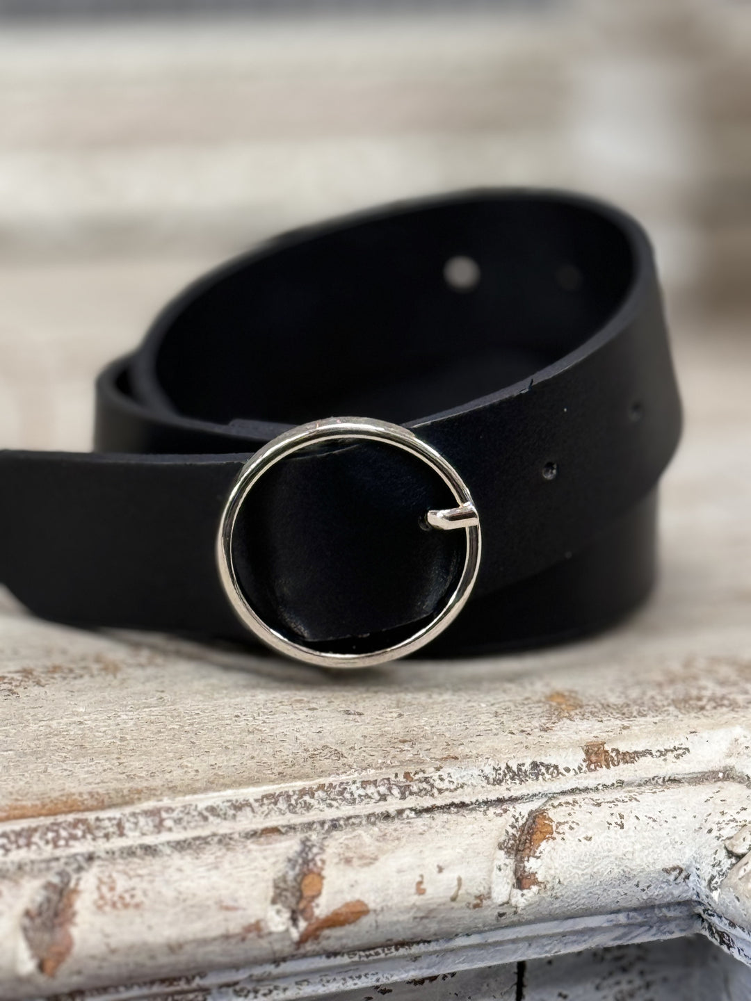 Black Faux Leather Belt With Silver Round Buckle