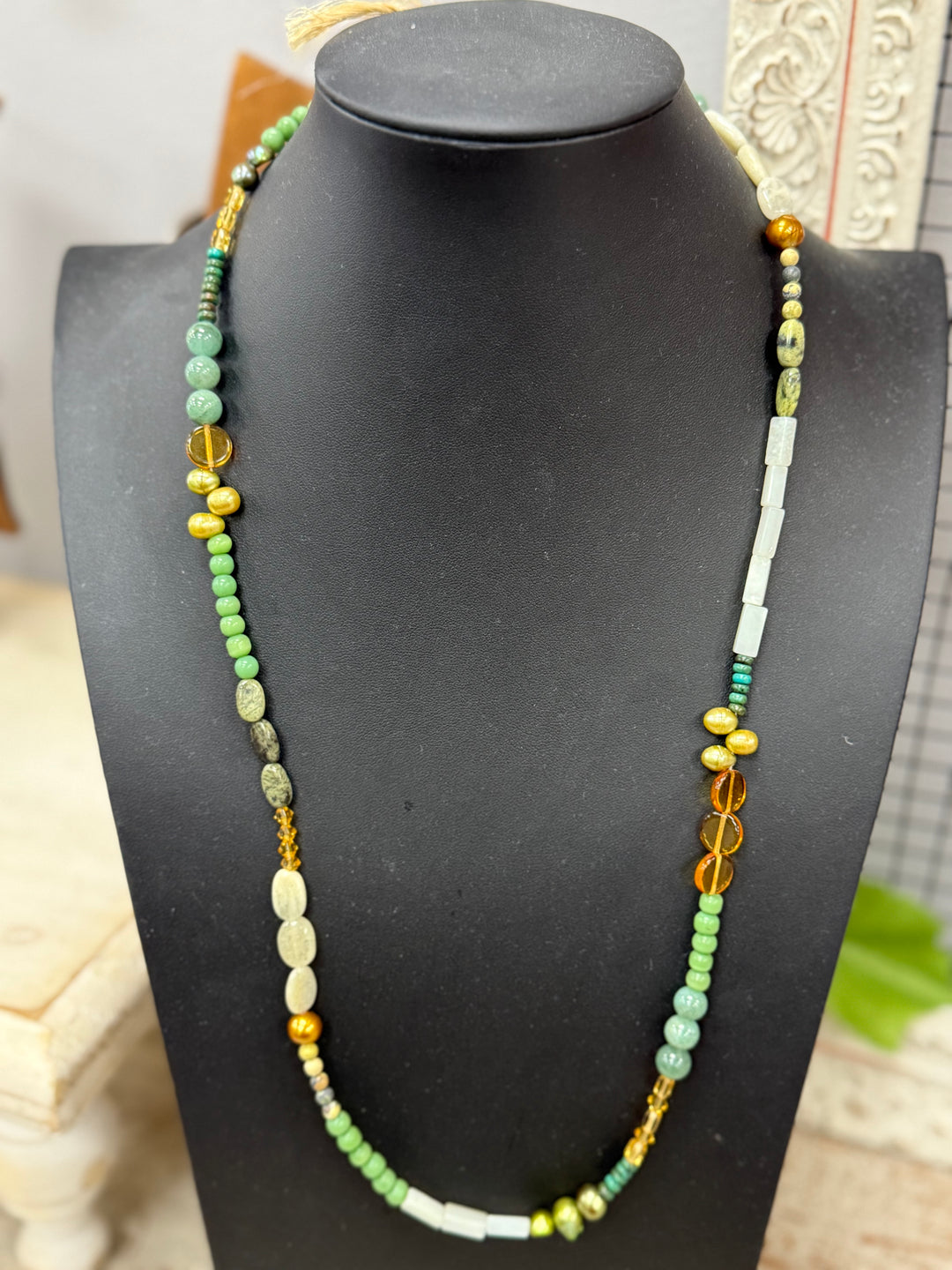 Burlap Barn Green, Amber, & Ivory Mixed Stone Necklace