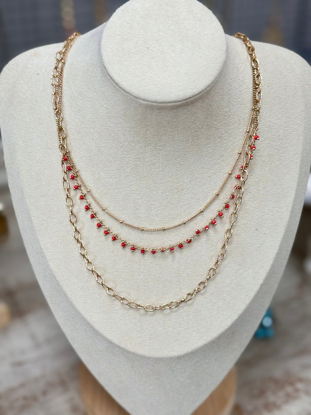 Gold with Tiny Red Bead 3 Row Necklace