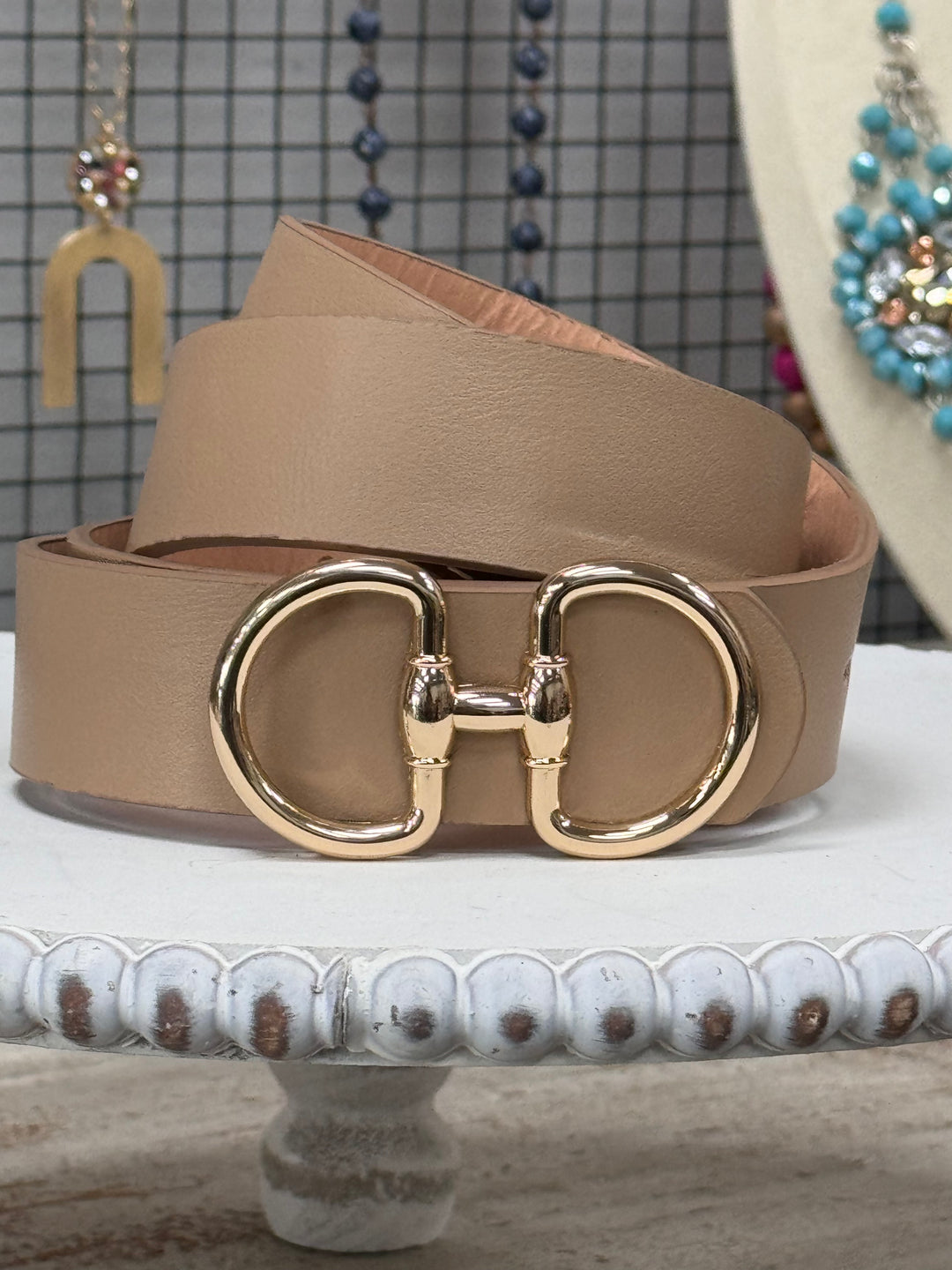 Fashion Faux Gold Buckle Belt, Tan