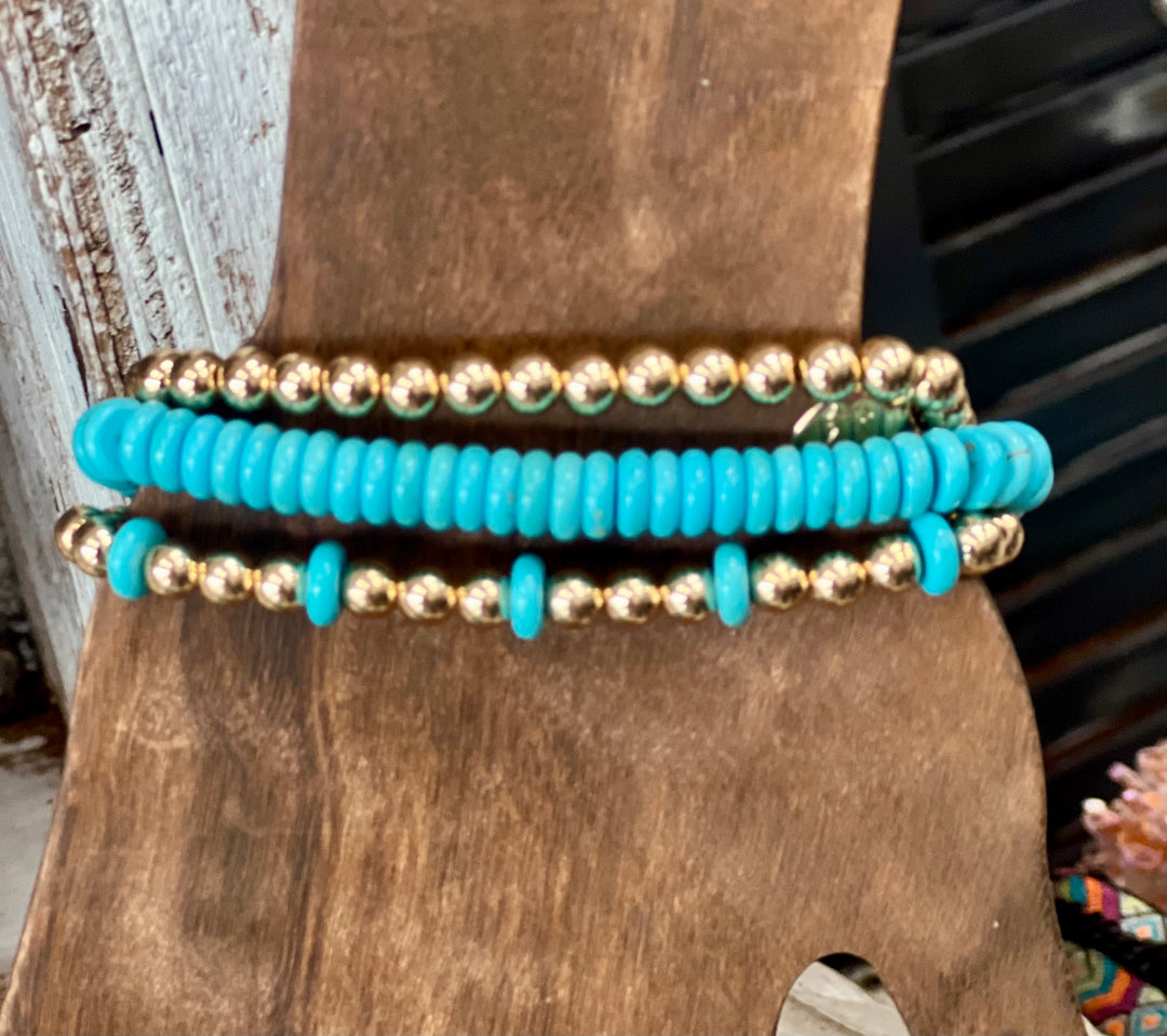 turquoise disc and Gold Bead Bracelet Set