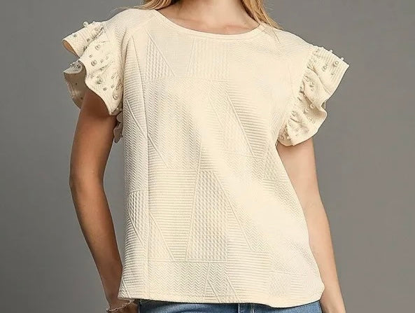 Umgee Cream Boxy Cut top flutter sleeves and Pearl Details