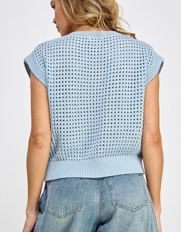 Open Weave Knit Vest Top Light Blue