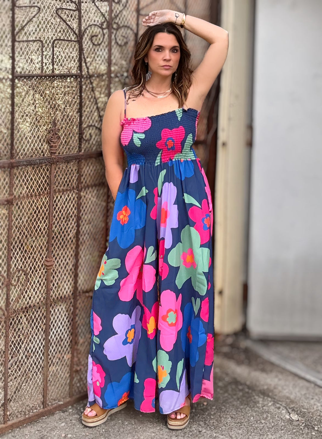 Smocked Bodice Wide Leg Jumpsuit