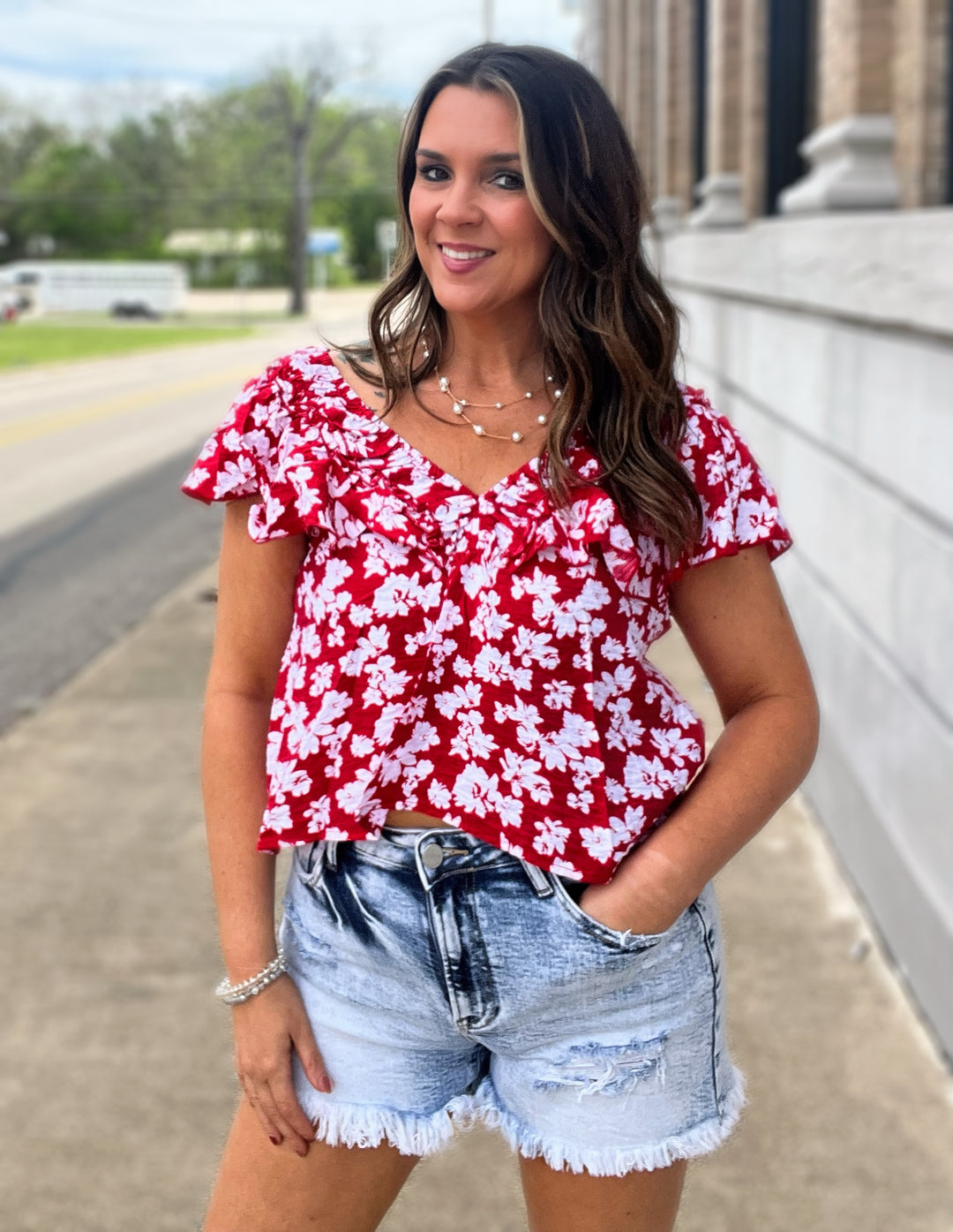 Floral Flutter sleeve top Red/White