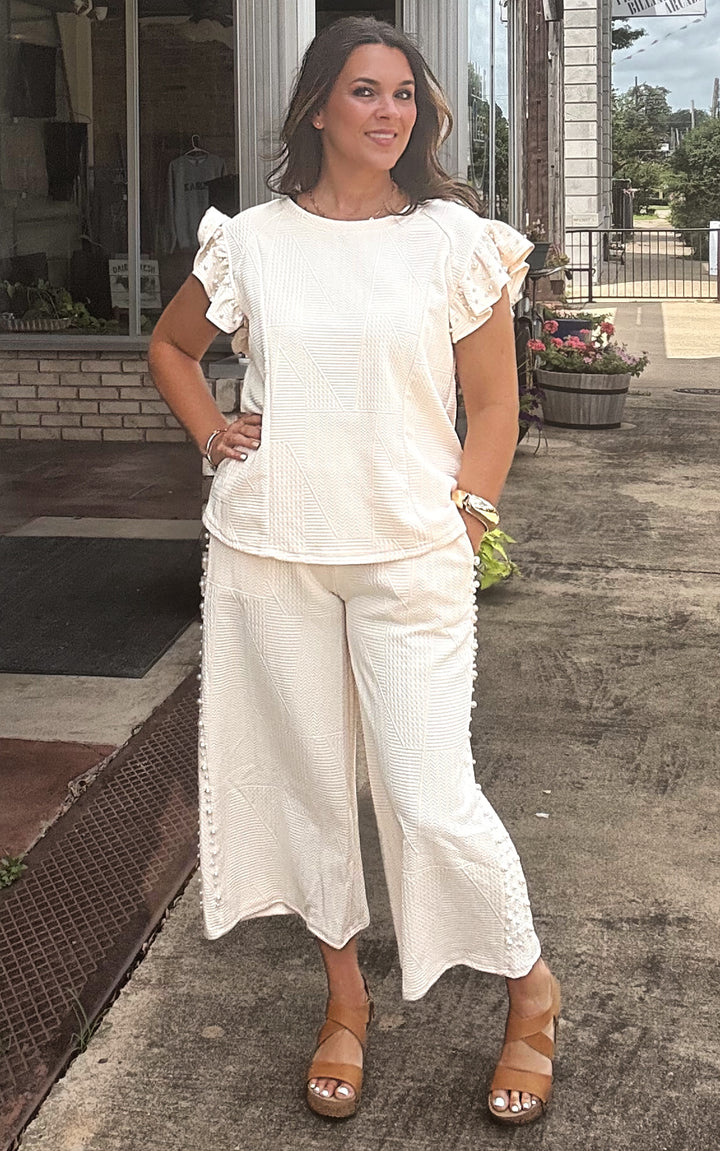 Umgee Cream Boxy Cut top flutter sleeves and Pearl Details