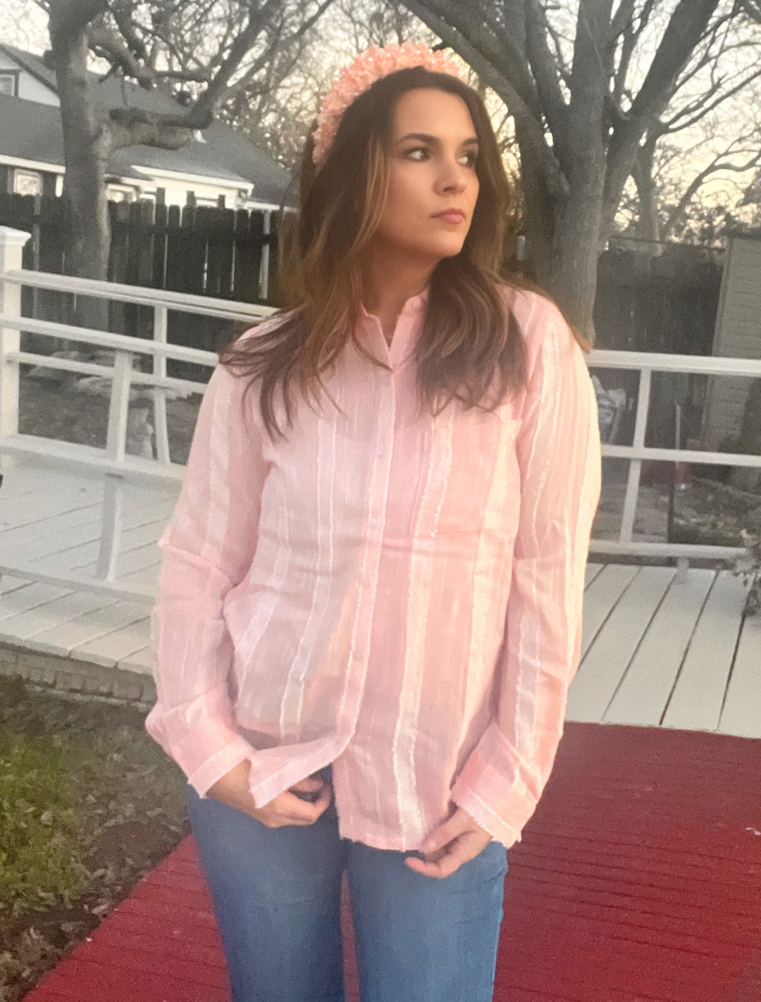 Long Sleeve Button up Top Light Pink and White