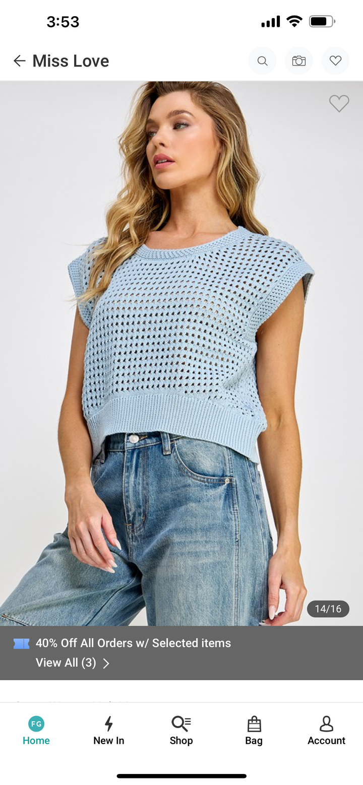 Open Weave Knit Vest Top Light Blue