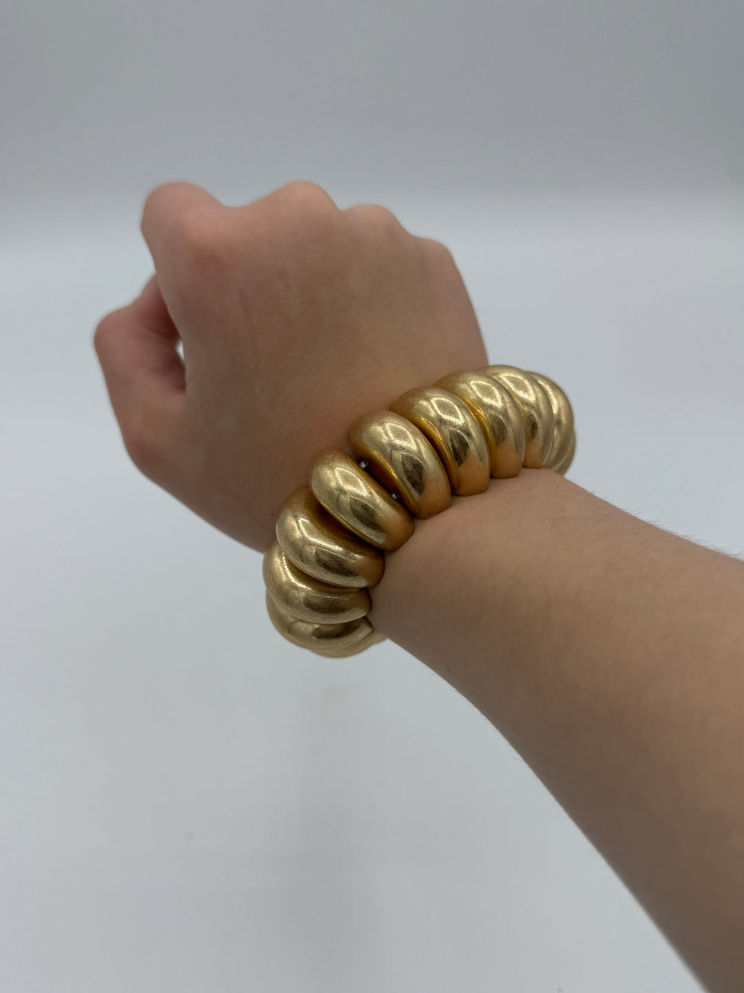 Worn Gold Metallic Long Oval Beaded Bracelet