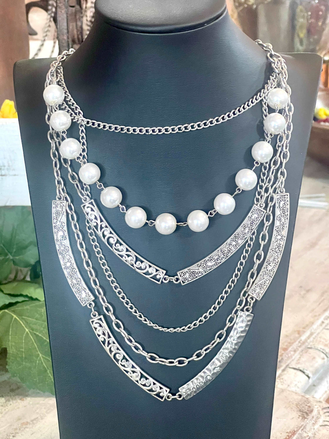 Multi Strand Silver chain w,Pearls Necklace