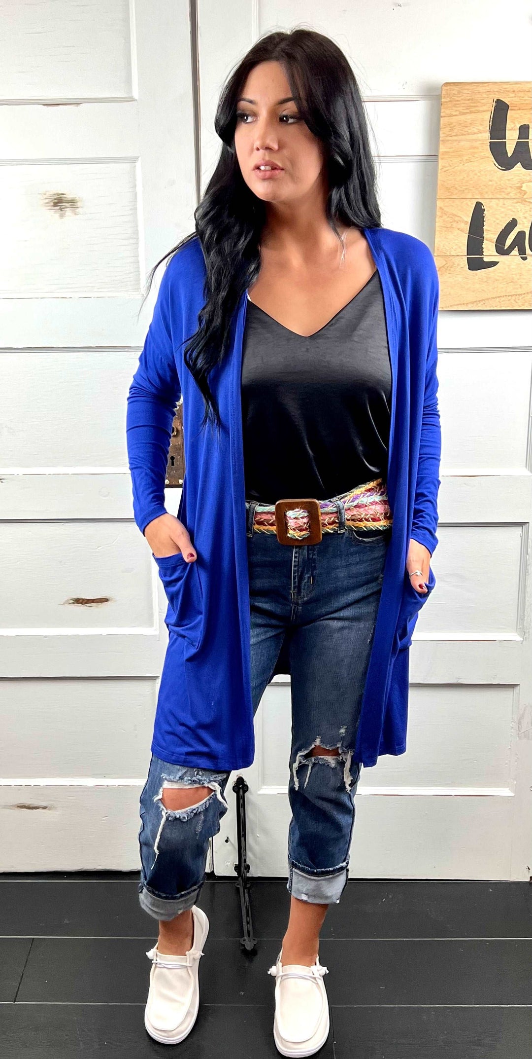 Kendra Light Weight Cardigan in Royal w/Front Pockets