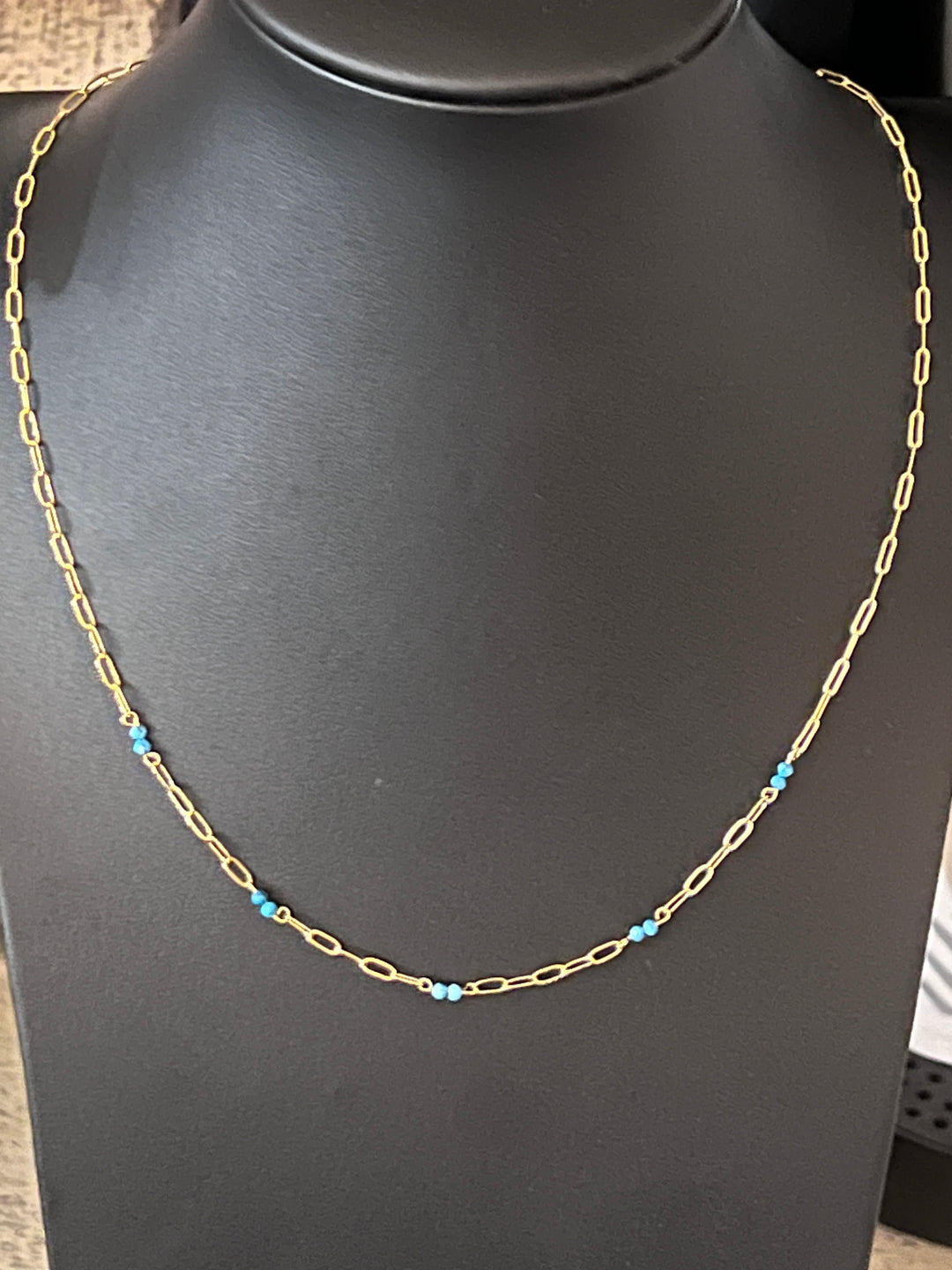 Dainty Gold Paper Clip w/Turquoise Beads Necklace