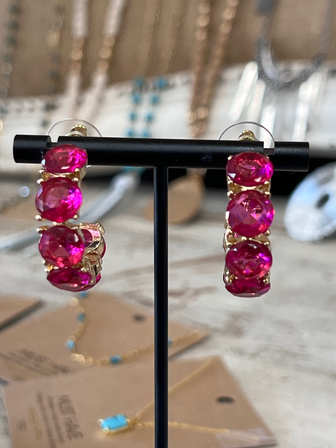 Fushsia Crystal Hoop Earrings 1"