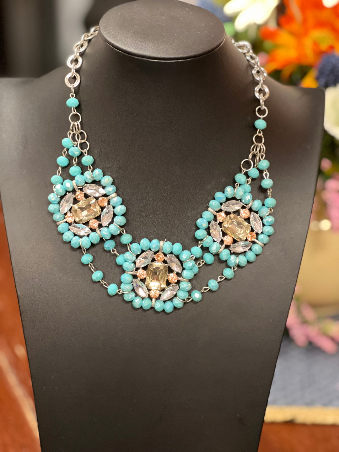 Bold Turquoise beads Center with Large Crystals Necklace