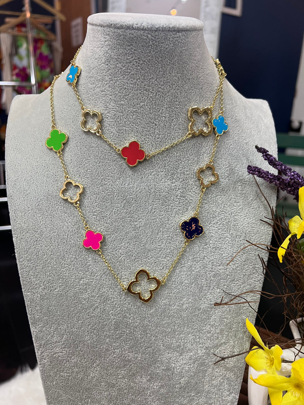 Gold Chain w/Multi Color Clover Necklace at