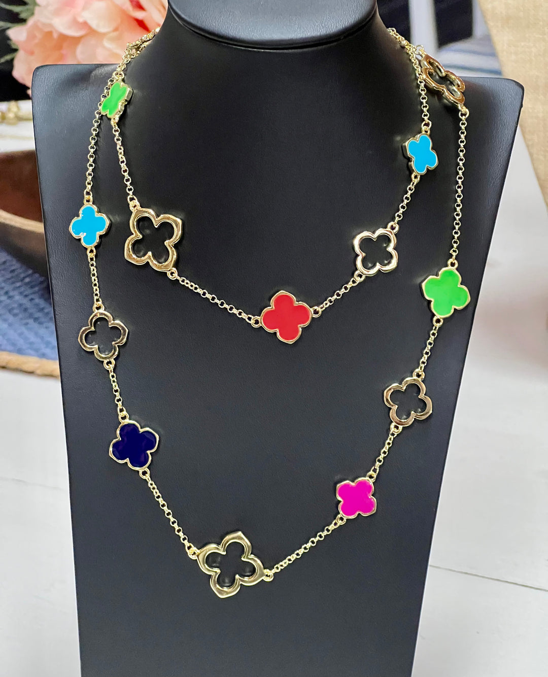 Gold Chain w/Multi Color Clover Necklace at
