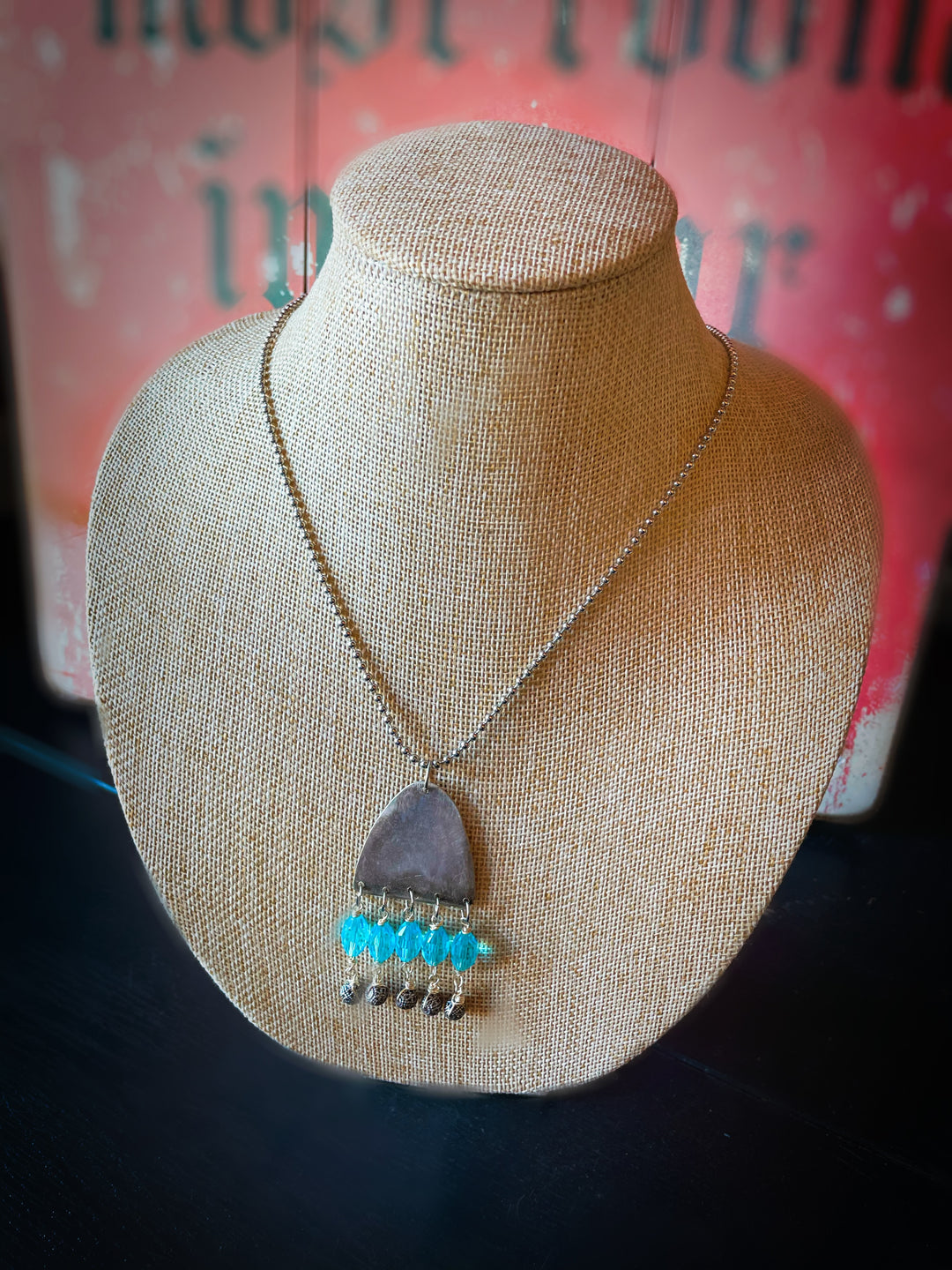 Small Silver Bead Necklace w/ Silver Charm and Blue Glass Cut Beads
