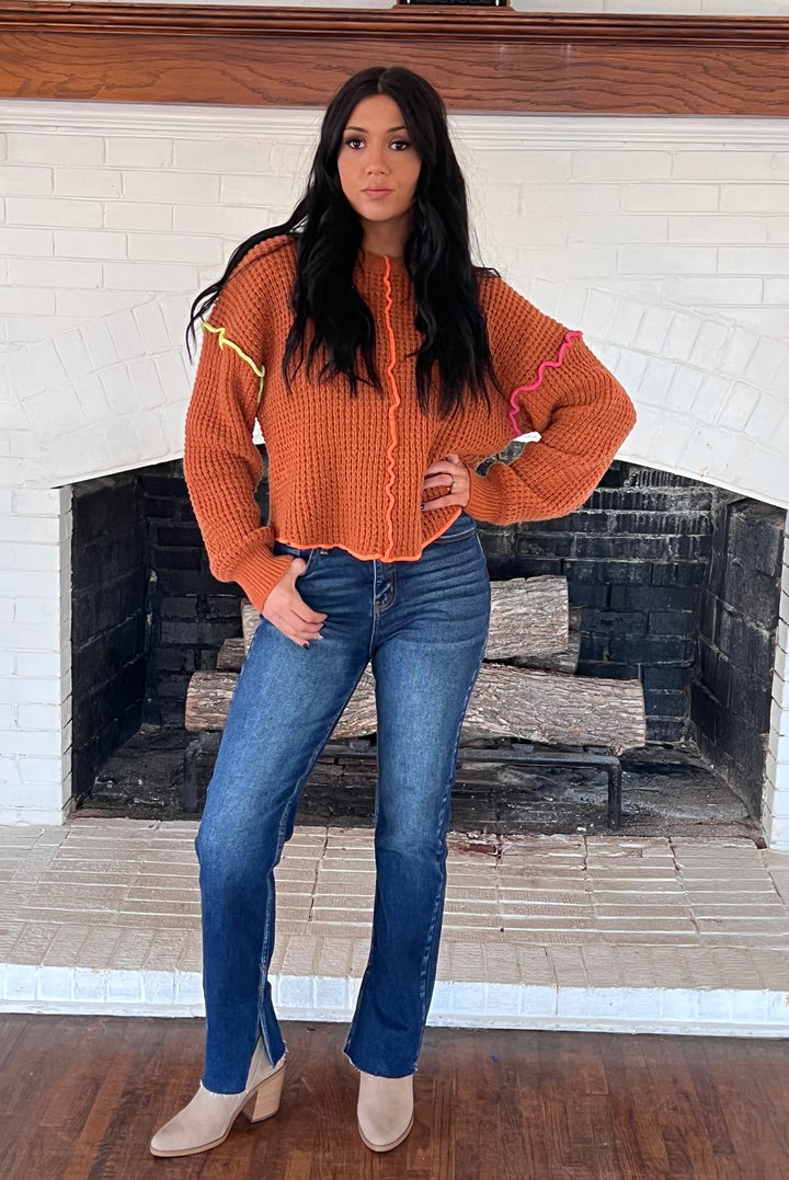 Briley Camel Sweater With Color Stitching
