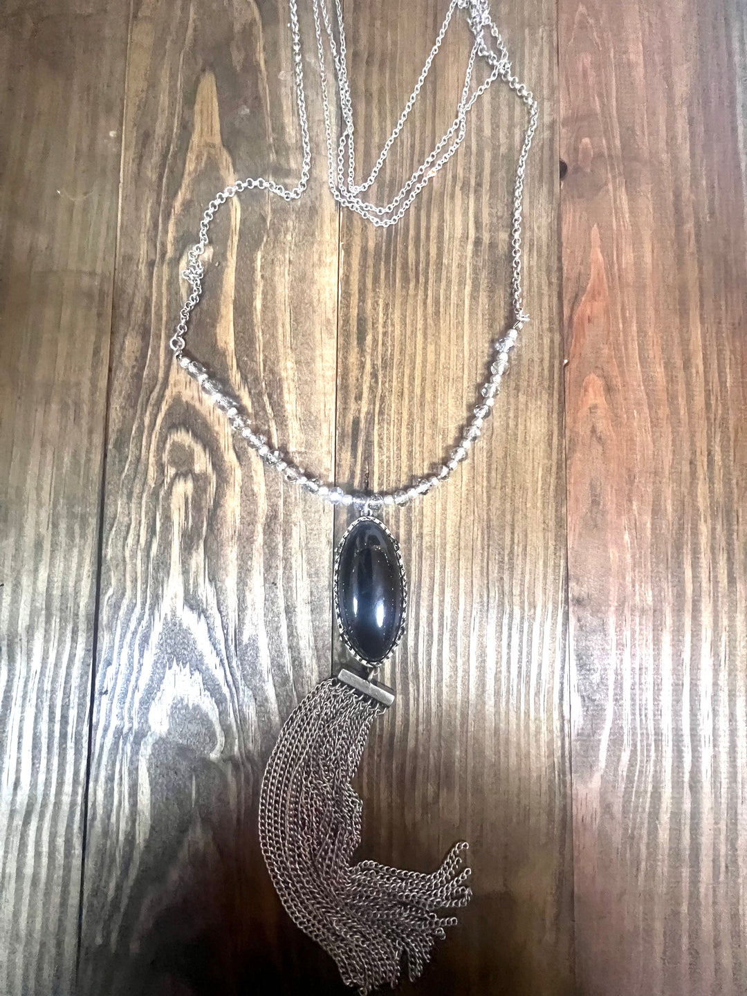Silver 4 Chain NecklaceW/Oval Black Stone and Metal Fringe