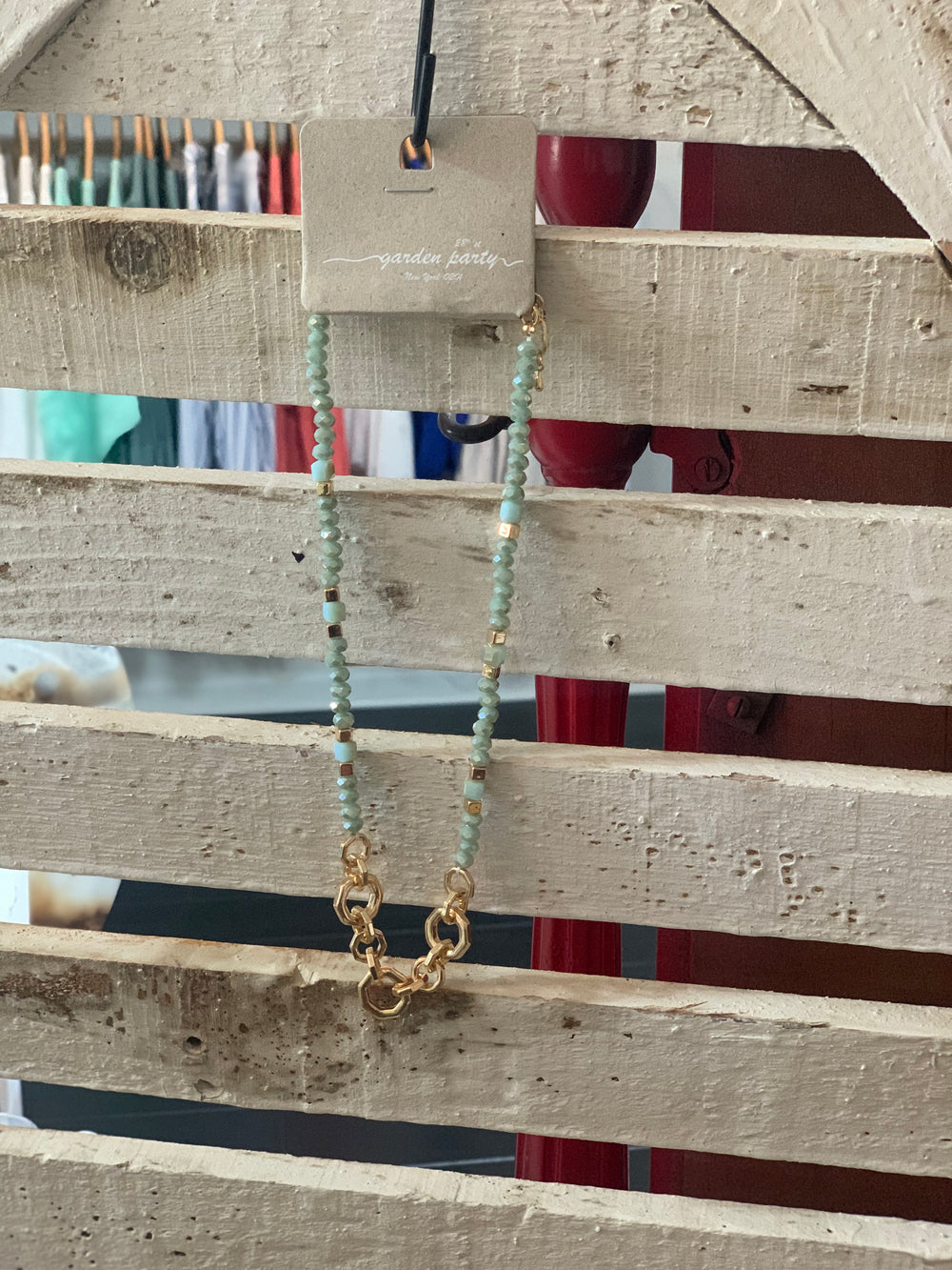 Mint Crystal & Gold Geometric Link 16"-18" Necklace