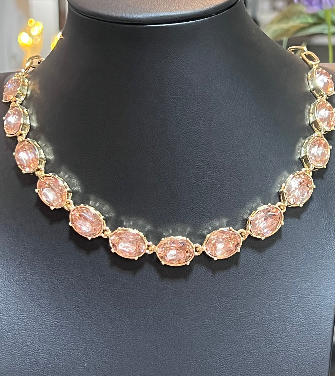 Light Rose oval Crystal Stones on Gold Necklace