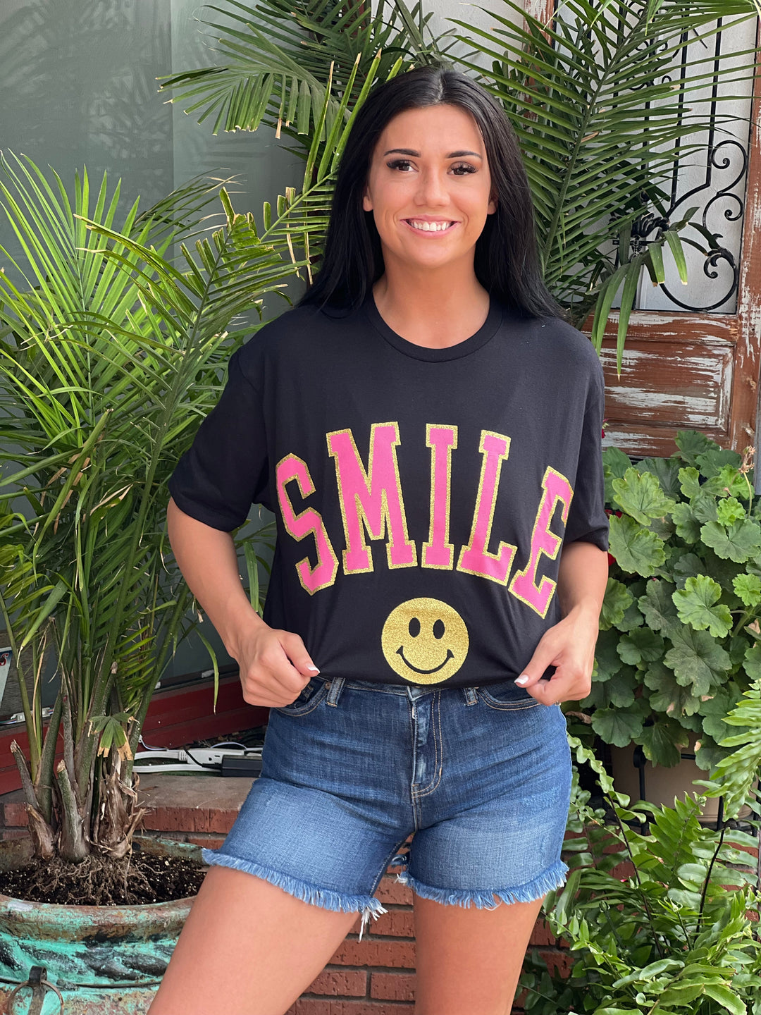 Smile in Pink letters with Sparkling smiley Face