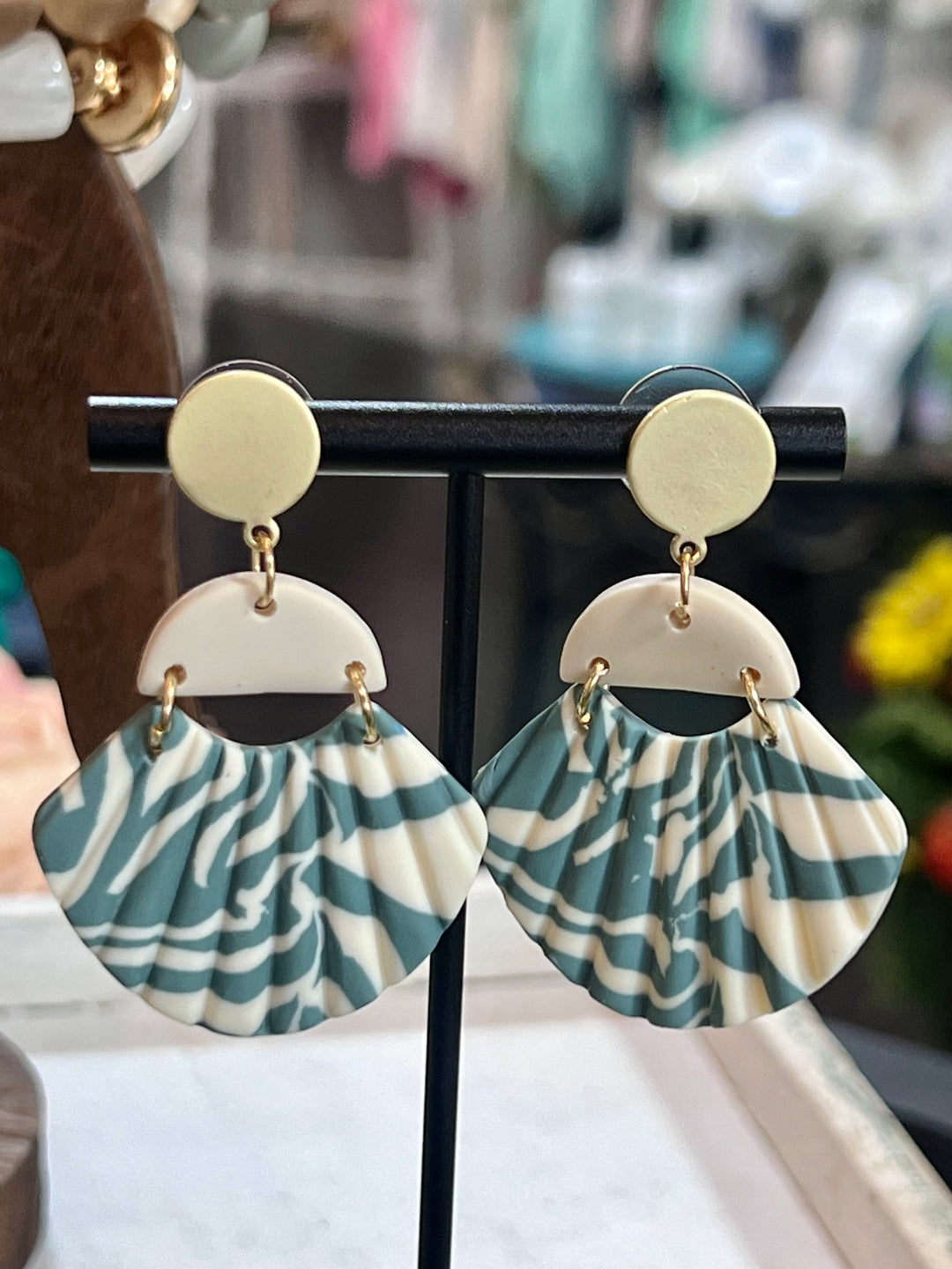 Ivory and Turqoise Fan Dangle Earrings