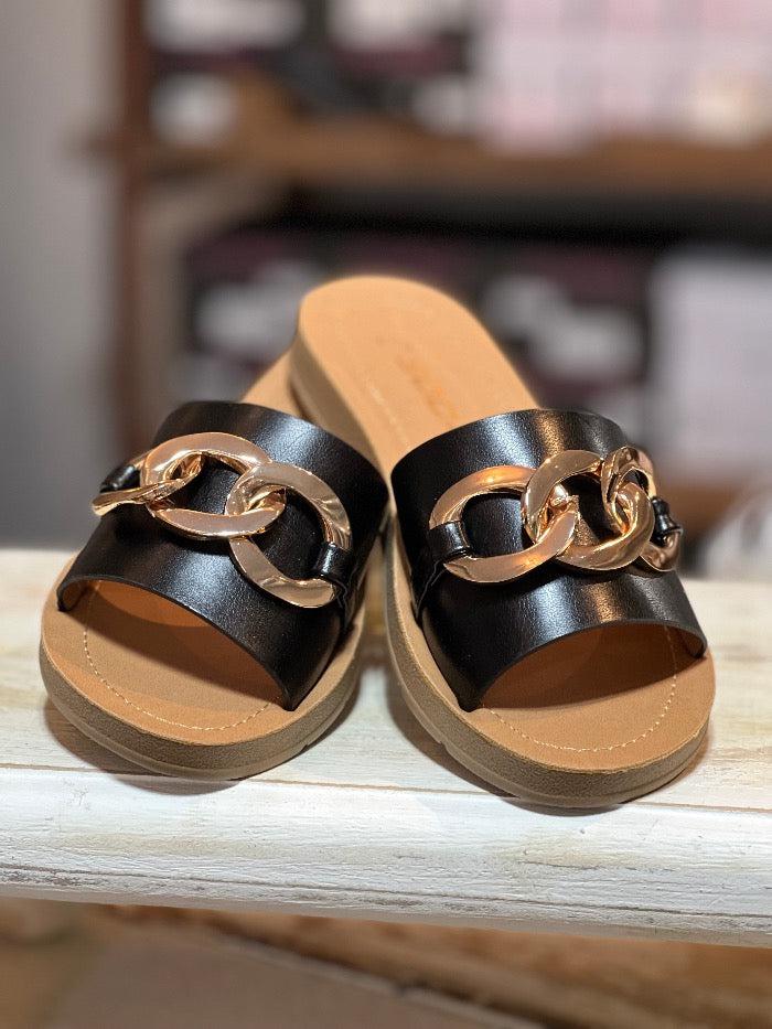 Ageless Black Slide on Sandal w/Gold Chain Accent
