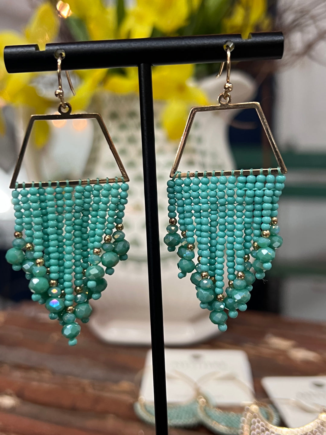 Seedbead Tassel Earrings Teal