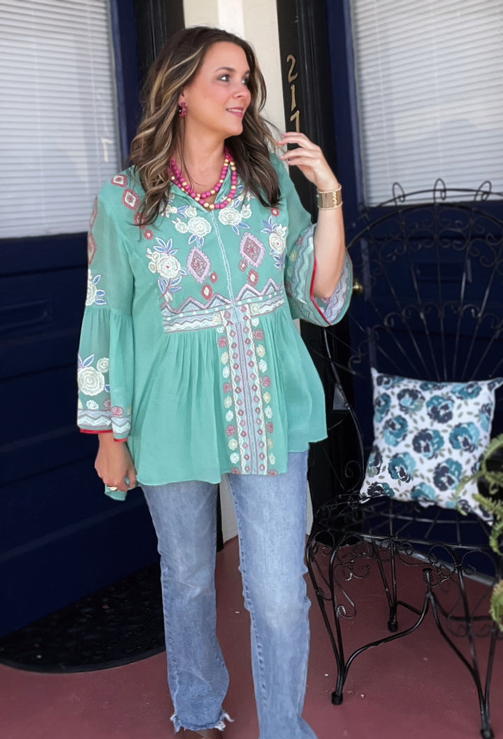 Bell 3/4 Sleeve embrodery Tunic Top, Sage Green