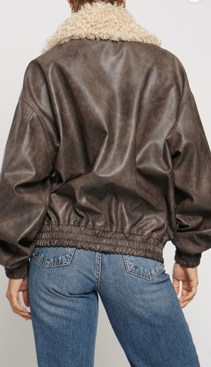 Bomber Jacket PU leather With Contrasting Collar