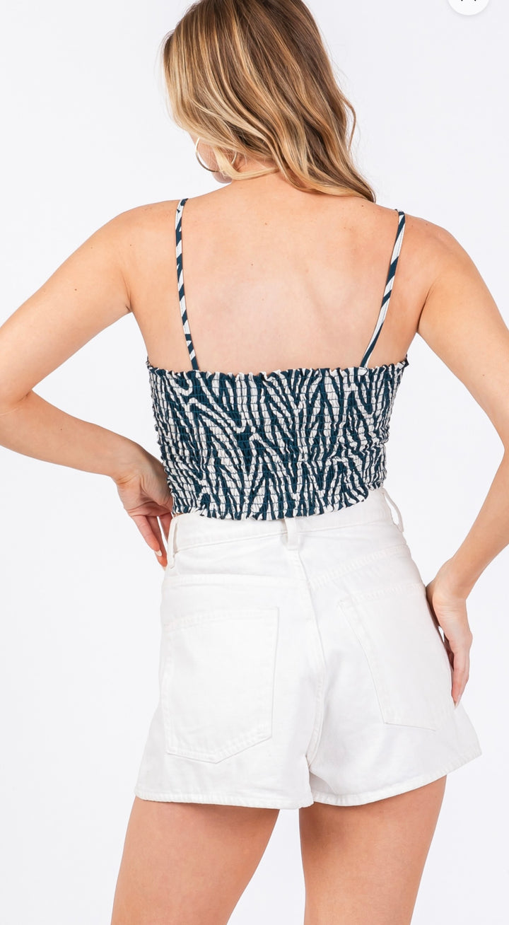 Printed Cropped Cami Ruched Top Deep Teel White