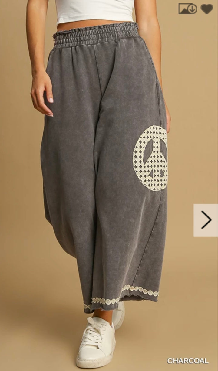 Umgee Slip on Pants with Crochet Peace Sign