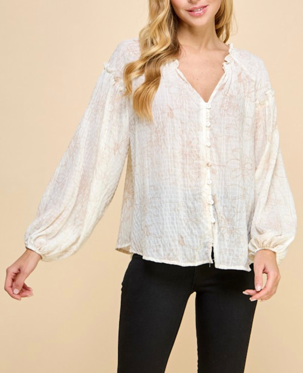 Crinckled Floral Boho Blouse in Off White/Taupe