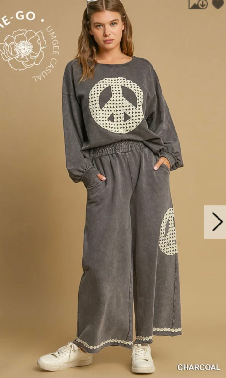 Umgee Slip on Pants with Crochet Peace Sign