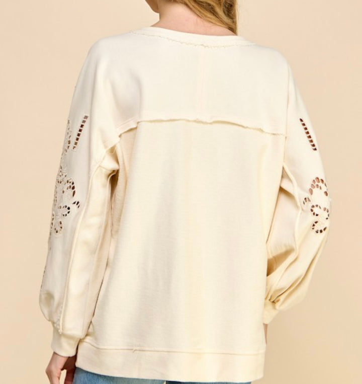 Embroidery Long Sleeve French Terry Top in Ivory