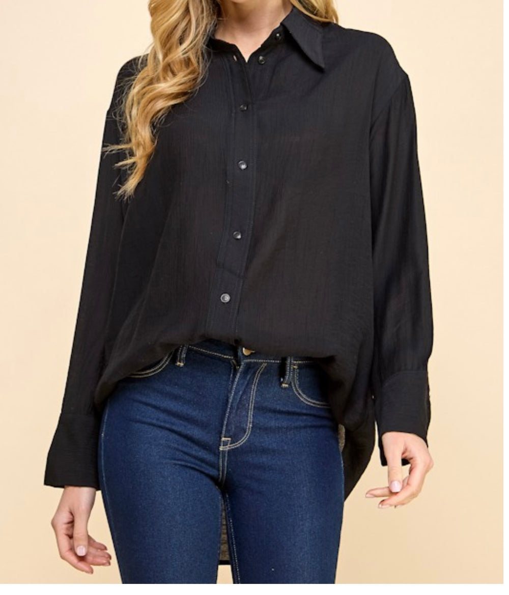 Crinkled Textured Button Up Long sleeve Shirt in Black