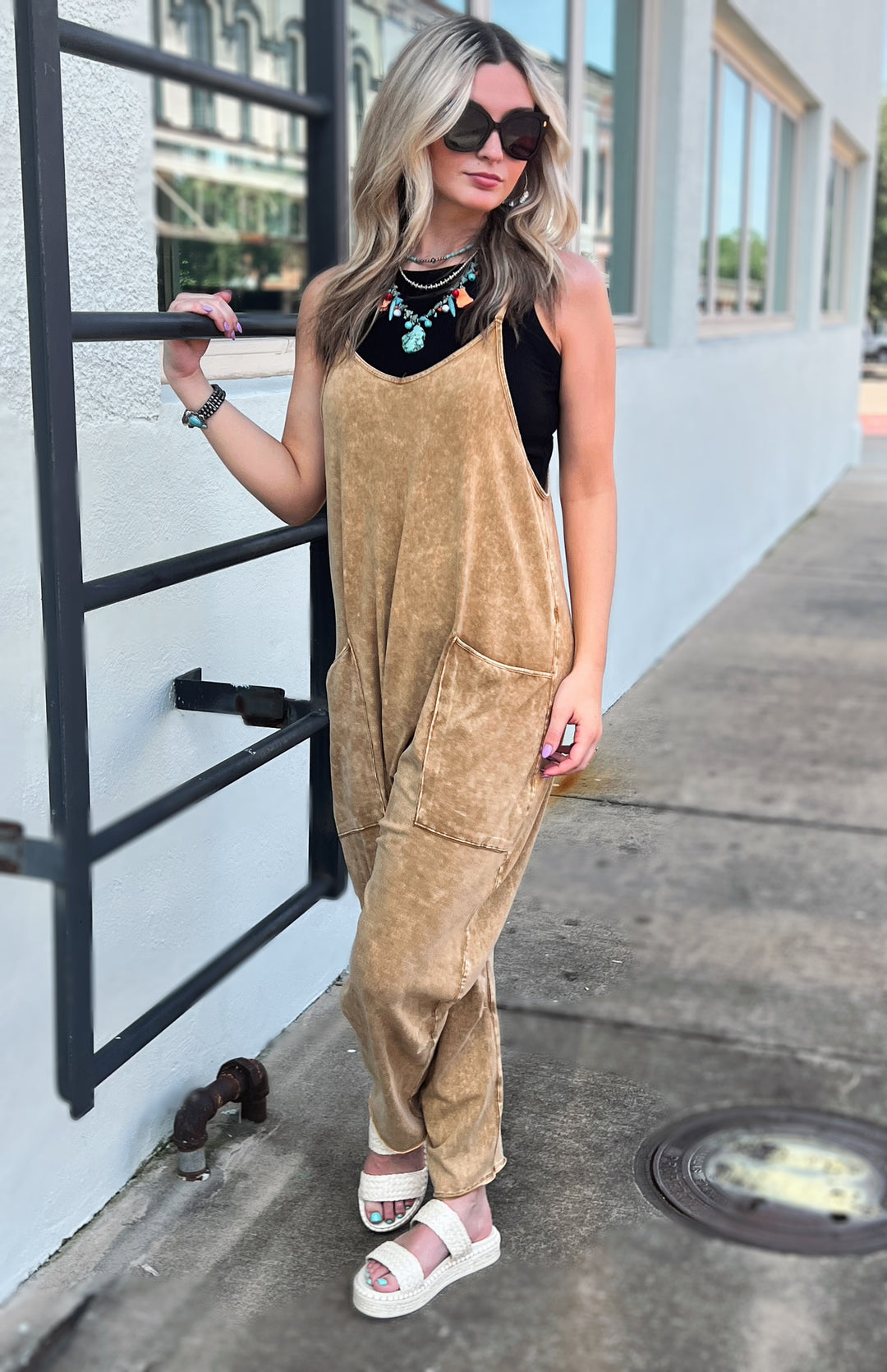 Spaghetti Strap Scoop Neck Jumpsuit Camel