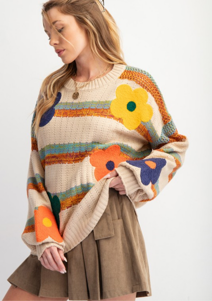 Stripe and Flower Pattern Light Weight Sweater